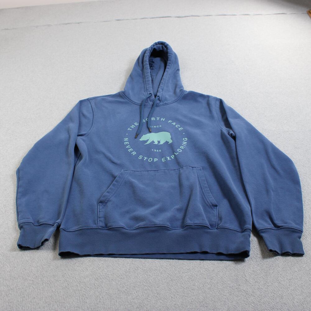 The North Face Hoodie Mens Medium Blue Bear Graphic Fleece Pullover Outdoor Hike